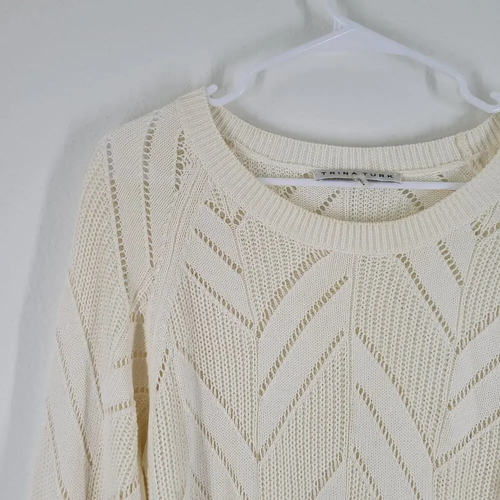 Trina Turk Cottage BOHO Cable Knit Sweater Womens Small Cream Cotton Modal - Picture 2 of 9